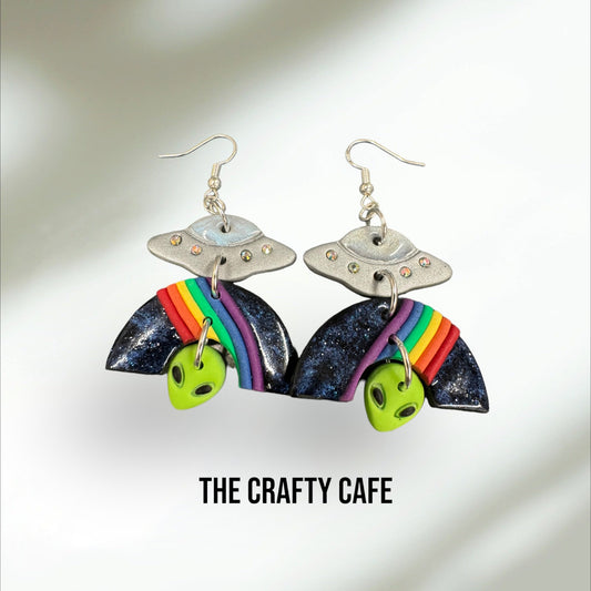 Alien Rainbow Galaxy Polymer Clay Earrings and UFO’s