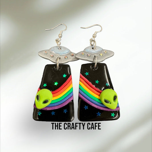 Alien Rainbow Galaxy Polymer Clay Earrings and UFO’s