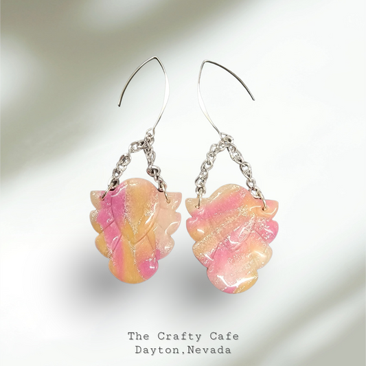 Large dangle polymer clay pink, peach and silver statement earrings
